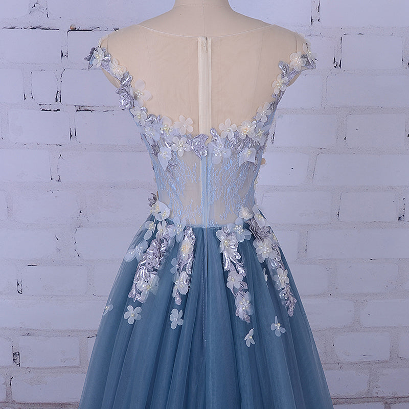 Popular Handmade Flowers V-neck Blue A-line Classy Prom Gown Dress