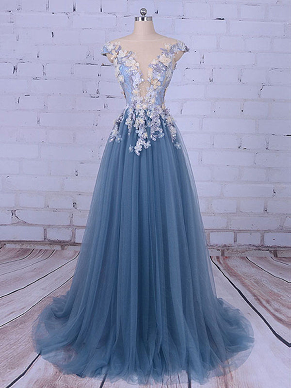 Popular Handmade Flowers V-neck Blue A-line Classy Prom Gown Dress