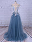 Popular Handmade Flowers V-neck Blue A-line Classy Prom Gown Dress