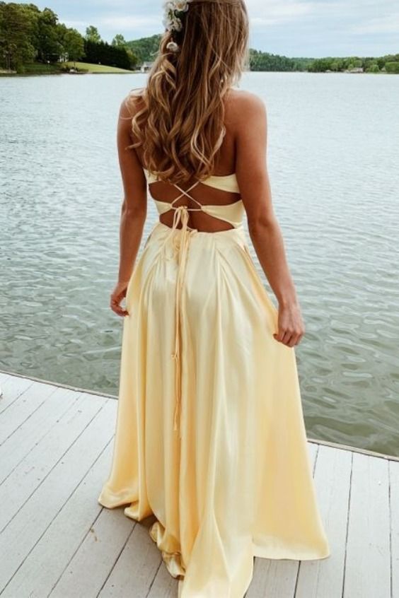 D1070,Popular Yellow Classy Evening Dress,Long Classy Prom Dress,Cross Back Classy Prom Dress Main image