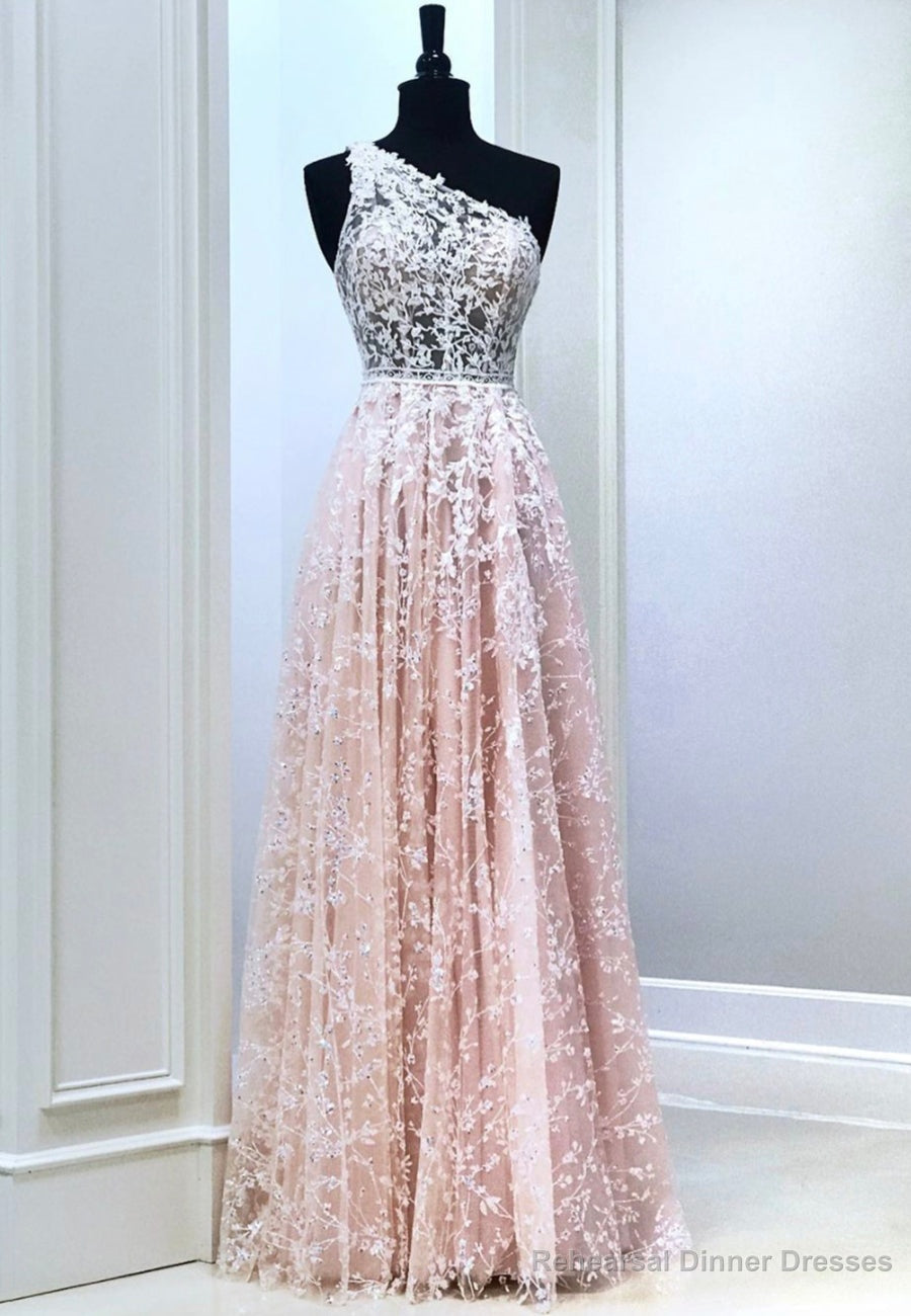 Pink Lace Long Prom Dresses, One Shoulder Evening Party Dresses Main image