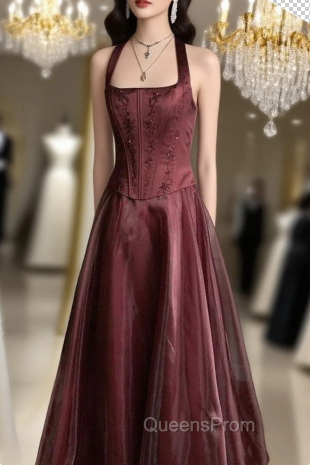 Pretty A Line Halter Burgundy Sleeveless Evening Dress Organza Long Evening Prom Dress Main image