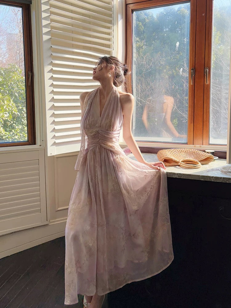 Pretty A Line Halter Pink Chiffon Floral Ankle Length Classy Evening Dress Classy Prom Dress Secondary image