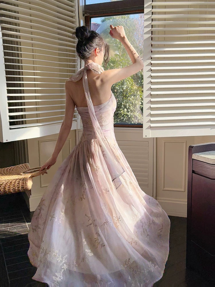 Pretty A Line Halter Pink Chiffon Floral Ankle Length Classy Evening Dress Classy Prom Dress