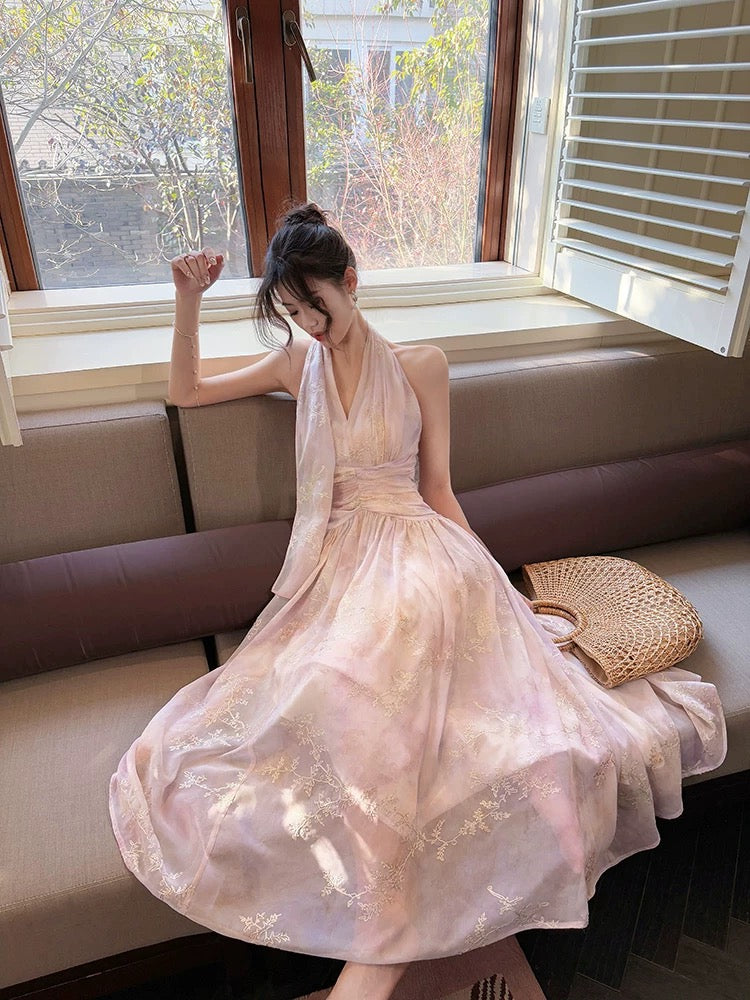 Pretty A Line Halter Pink Chiffon Floral Ankle Length Classy Evening Dress Classy Prom Dress