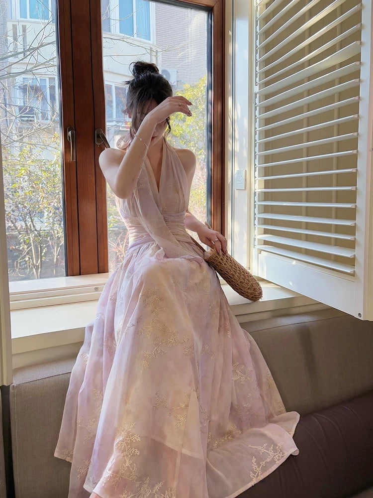 Pretty A Line Halter Pink Chiffon Floral Ankle Length Classy Evening Dress Classy Prom Dress