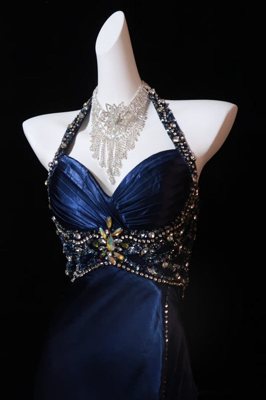 Pretty A Line Halter Sleeveless Navy Blue Slit Beads Long Classy Prom Dress Classy Evening Dress