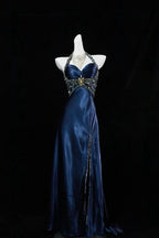 Pretty A Line Halter Sleeveless Navy Blue Slit Beads Long Classy Prom Dress Classy Evening Dress