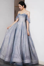 Pretty A Line Off The Shoulder Blue Sequin Tulle Long Length Evening Dress Evening Prom Dress