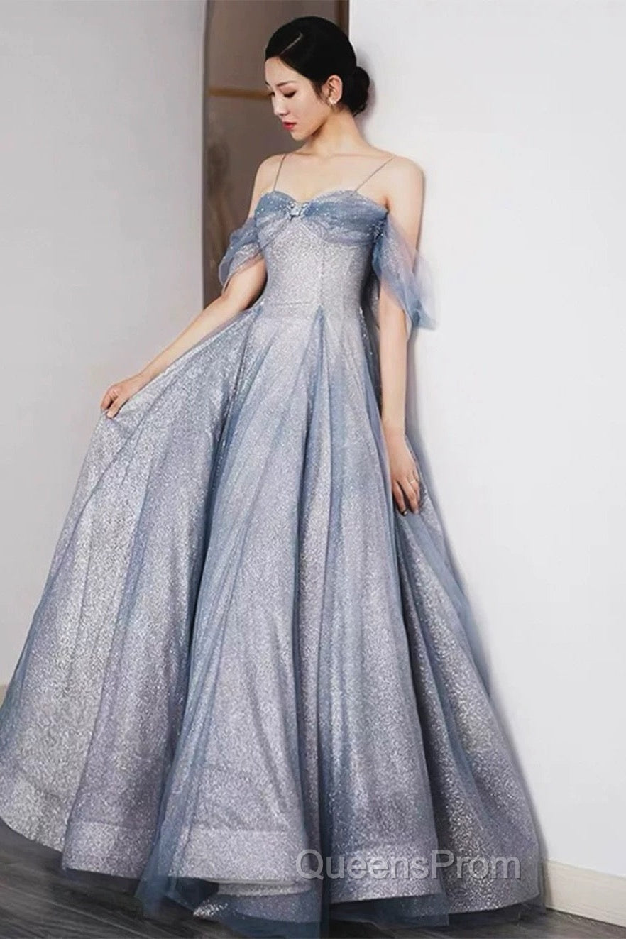 Pretty A Line Off The Shoulder Blue Sequin Tulle Long Length Evening Dress Evening Prom Dress