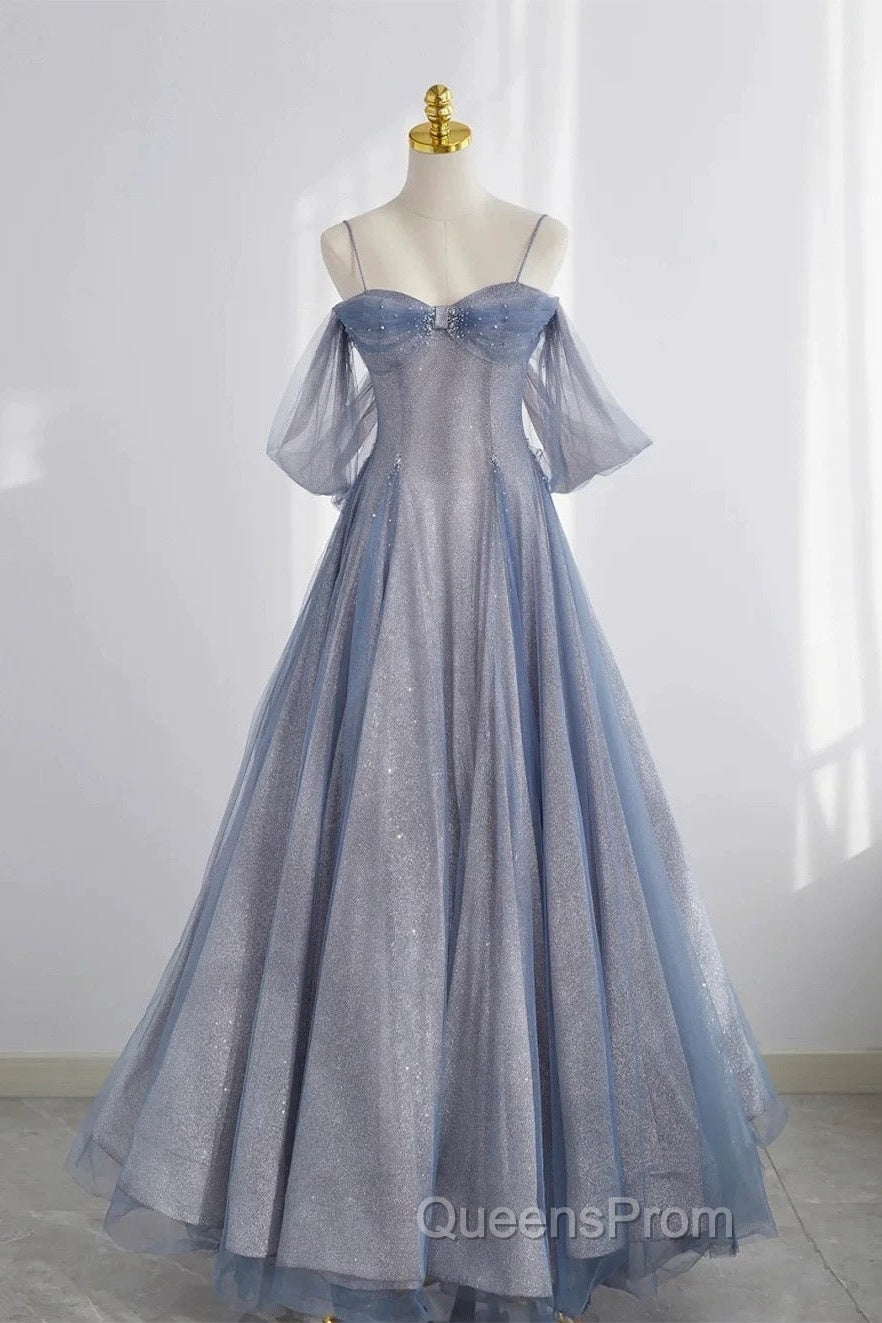 Pretty A Line Off The Shoulder Blue Sequin Tulle Long Length Evening Dress Evening Prom Dress