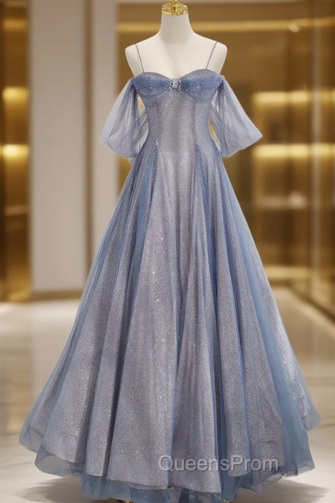 Pretty A Line Off The Shoulder Blue Sequin Tulle Long Length Evening Dress Evening Prom Dress Main image