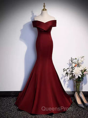 Pretty A Line Off The Shoulder Burgundy Satin Long Evening Party Dress Evening Prom Dress With Bow