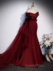 Pretty A Line Off The Shoulder Burgundy Satin Long Evening Party Dress Evening Prom Dress With Bow