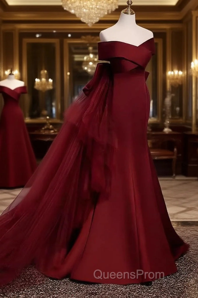 Pretty A Line Off The Shoulder Burgundy Satin Long Evening Party Dress Evening Prom Dress With Bow Main image