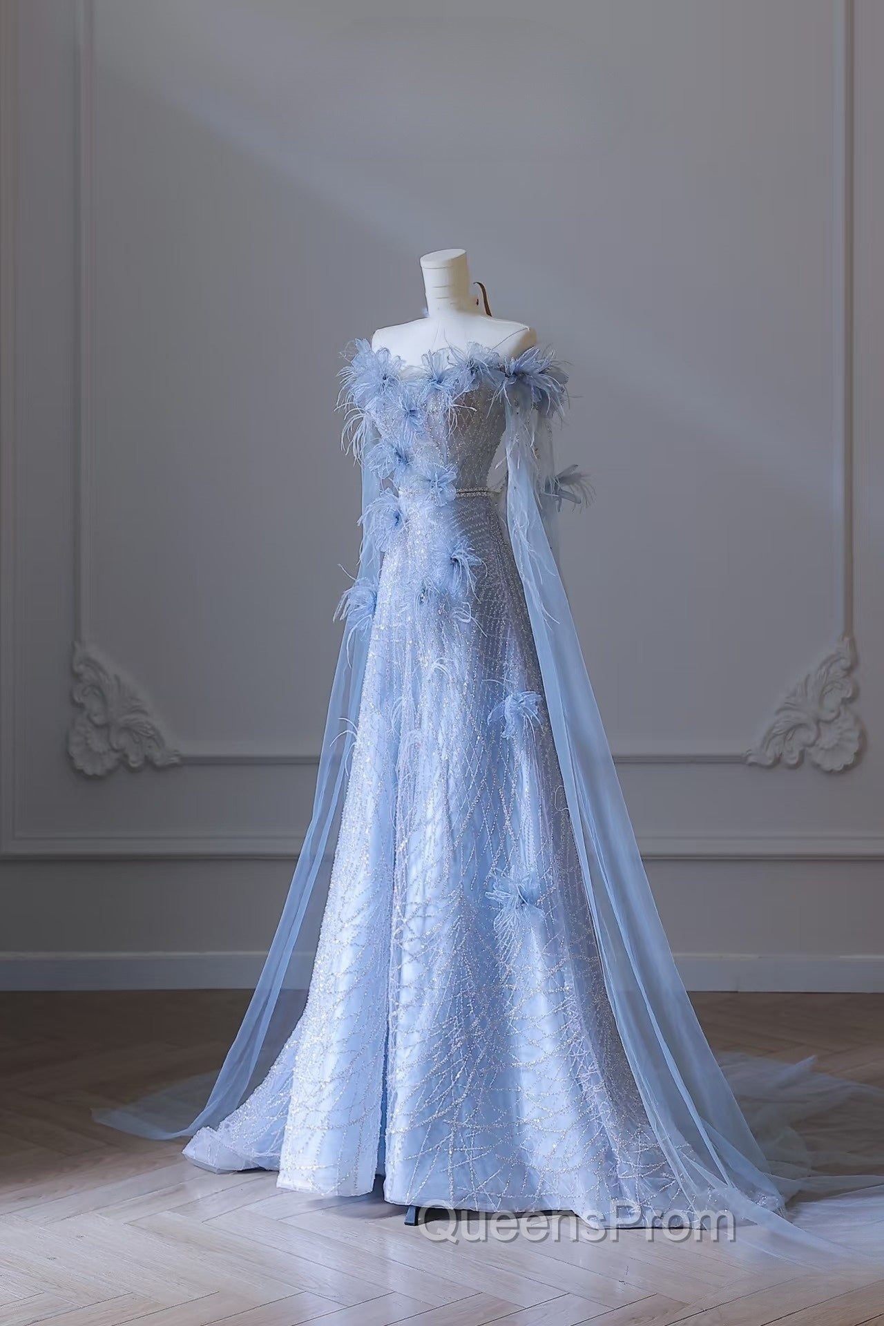Pretty A Line Off The Shoulder Floor-Length Blue Sequin Short Sleeves Evening Dress Evening Prom Dress Secondary image