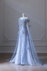 Pretty A Line Off The Shoulder Floor-Length Blue Sequin Short Sleeves Evening Dress Evening Prom Dress