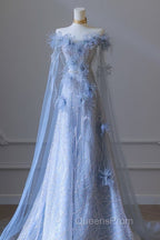 Pretty A Line Off The Shoulder Floor-Length Blue Sequin Short Sleeves Evening Dress Evening Prom Dress