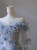 Pretty A Line Off The Shoulder Floor-Length Blue Sequin Short Sleeves Evening Dress Evening Prom Dress