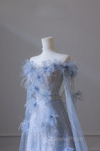 Pretty A Line Off The Shoulder Floor-Length Blue Sequin Short Sleeves Evening Dress Evening Prom Dress
