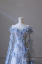Pretty A Line Off The Shoulder Floor-Length Blue Sequin Short Sleeves Evening Dress Evening Prom Dress