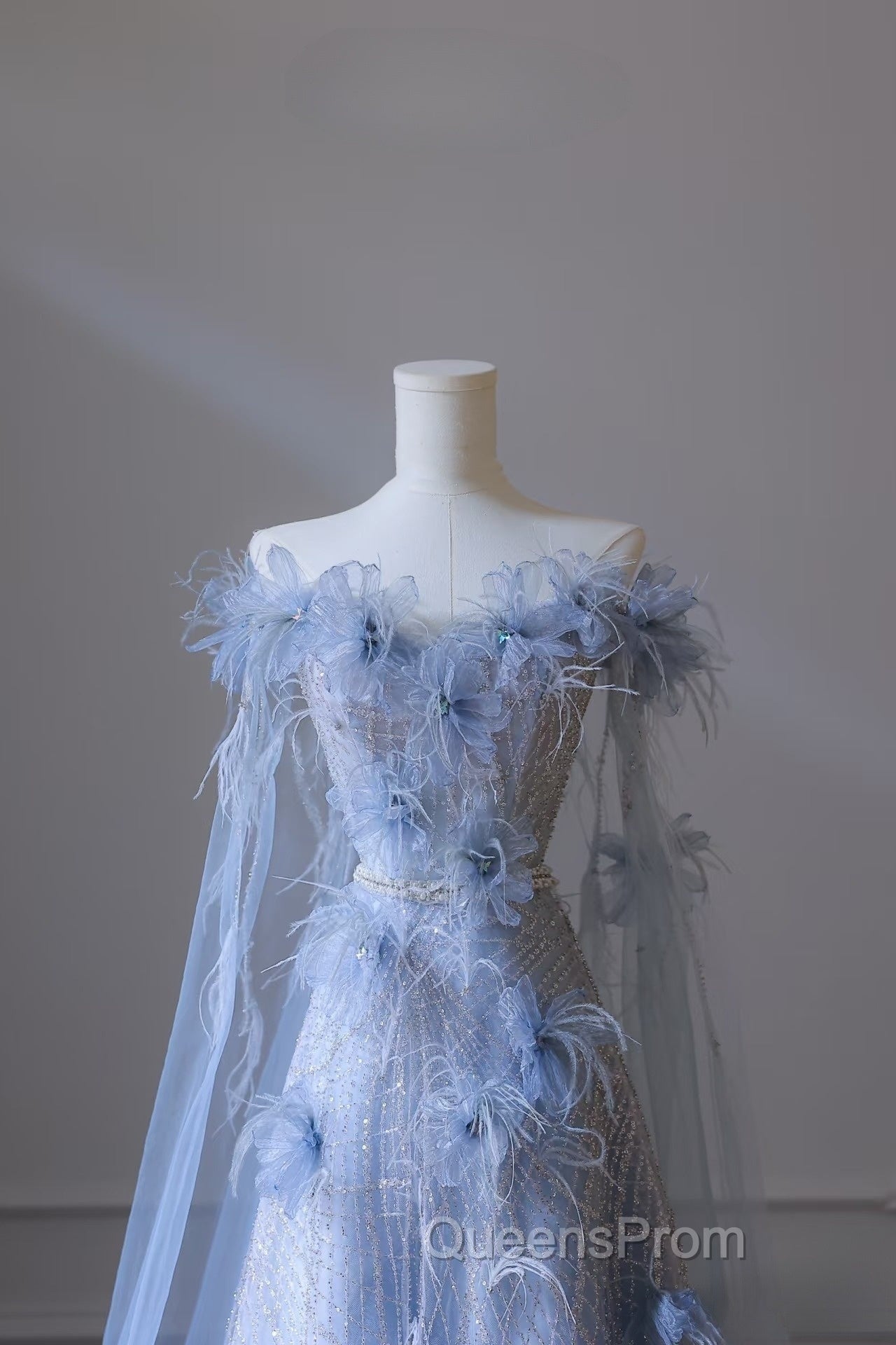 Pretty A Line Off The Shoulder Floor-Length Blue Sequin Short Sleeves Evening Dress Evening Prom Dress