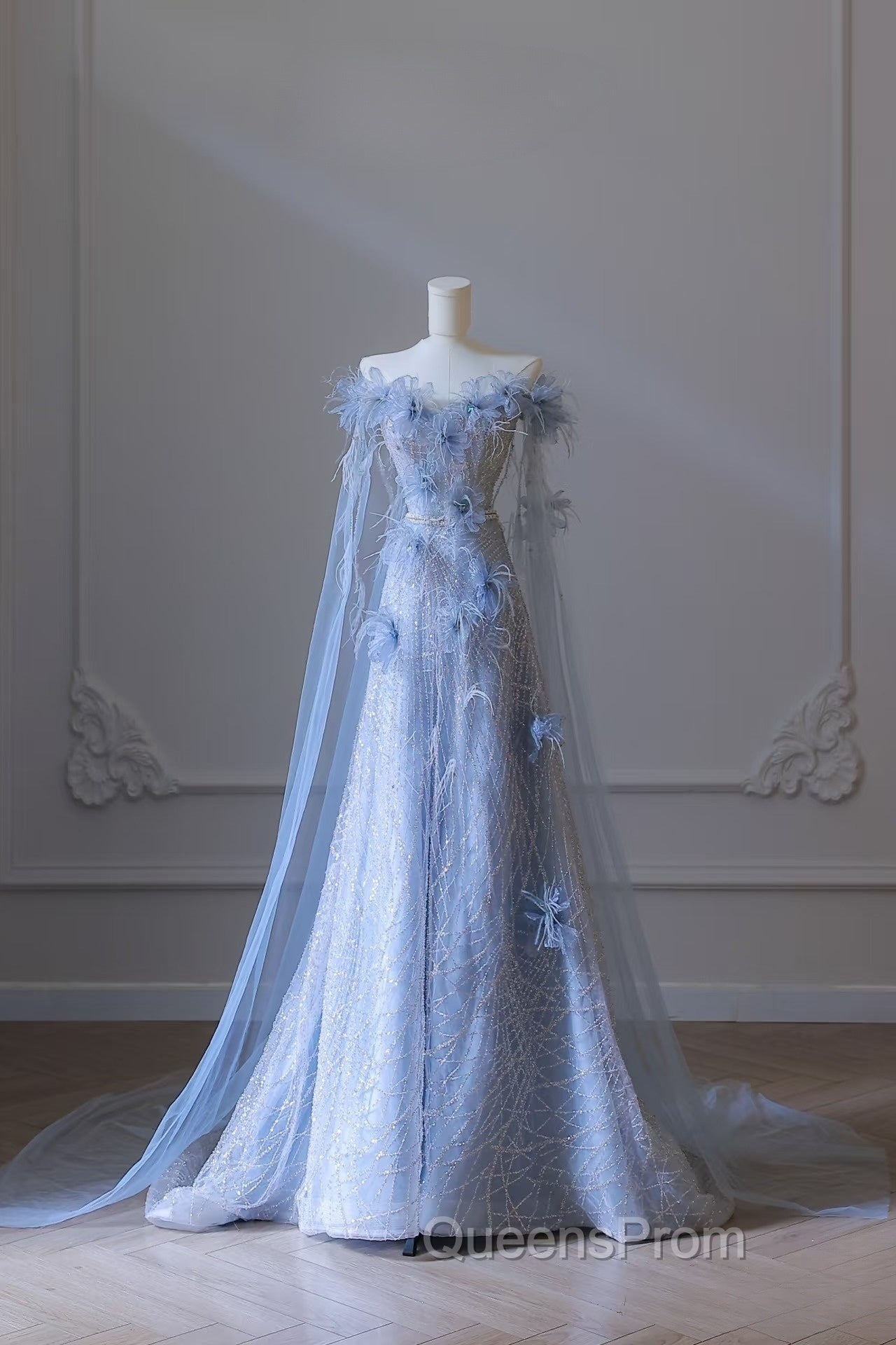 Pretty A Line Off The Shoulder Floor-Length Blue Sequin Short Sleeves Evening Dress Evening Prom Dress