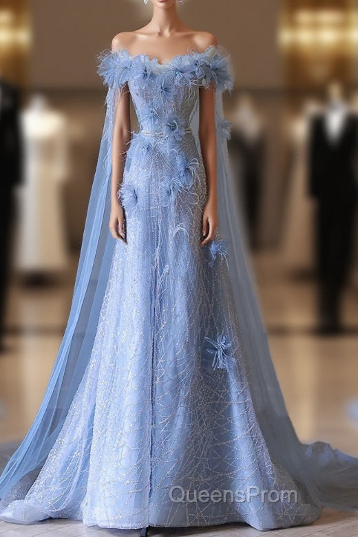 Pretty A Line Off The Shoulder Floor-Length Blue Sequin Short Sleeves Evening Dress Evening Prom Dress Main image