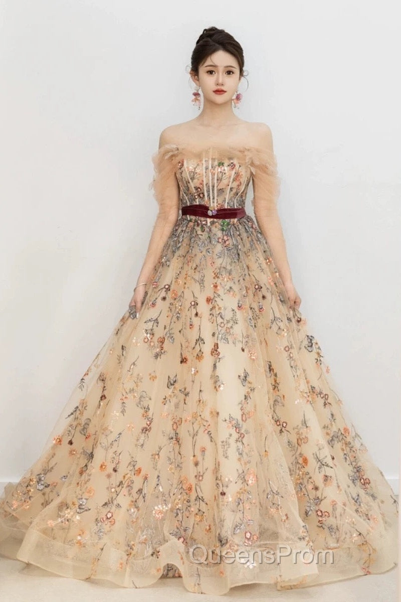 Pretty A Line Off The Shoulder Long Sleeves Floral Tulle Long Length Evening Dress Evening Prom Dress Secondary image