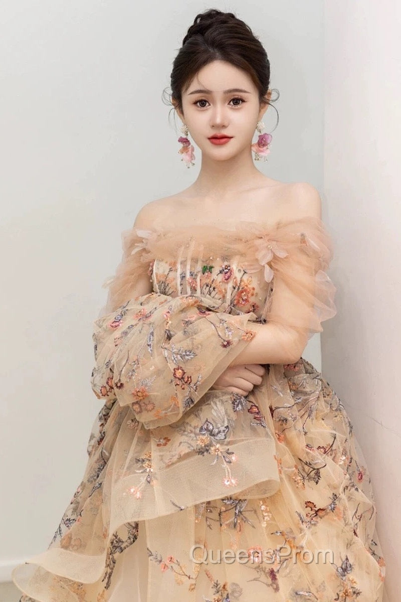 Pretty A Line Off The Shoulder Long Sleeves Floral Tulle Long Length Evening Dress Evening Prom Dress