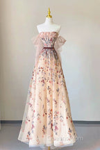 Pretty A Line Off The Shoulder Long Sleeves Floral Tulle Long Length Evening Dress Evening Prom Dress