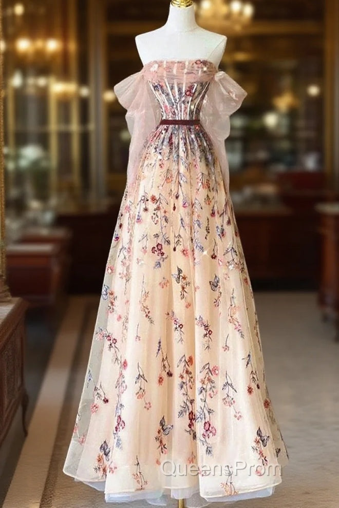 Pretty A Line Off The Shoulder Long Sleeves Floral Tulle Long Length Evening Dress Evening Prom Dress Main image