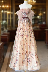 Pretty A Line Off The Shoulder Long Sleeves Floral Tulle Long Length Evening Dress Evening Prom Dress