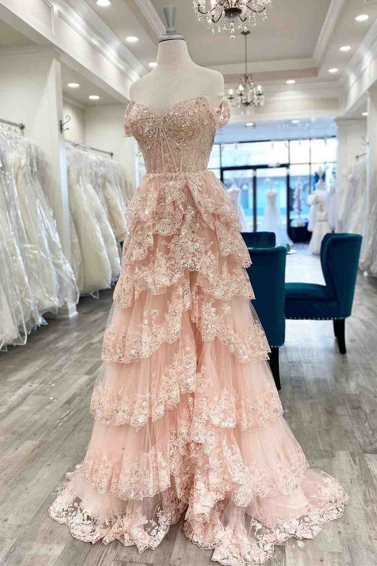 Pretty A-Line Off The Shoulder Pink Lace Slit Long Classy Prom Dress Classy Evening Dress