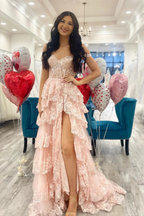 Pretty A-Line Off The Shoulder Pink Lace Slit Long Classy Prom Dress Classy Evening Dress