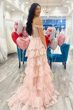 Pretty A-Line Off The Shoulder Pink Lace Slit Long Classy Prom Dress Classy Evening Dress