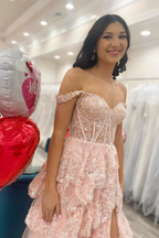 Pretty A-Line Off The Shoulder Pink Lace Slit Long Classy Prom Dress Classy Evening Dress