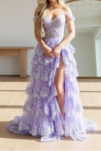 Pretty A-Line Off The Shoulder Pink Lace Slit Long Classy Prom Dress Classy Evening Dress