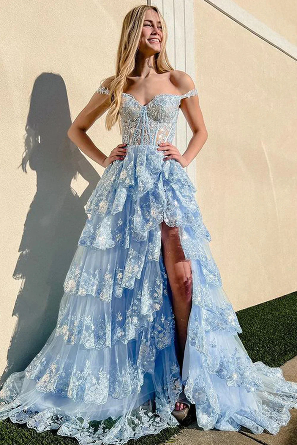Pretty A-Line Off The Shoulder Pink Lace Slit Long Classy Prom Dress Classy Evening Dress