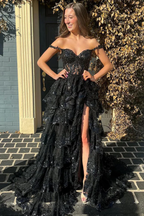 Pretty A-Line Off The Shoulder Pink Lace Slit Long Classy Prom Dress Classy Evening Dress