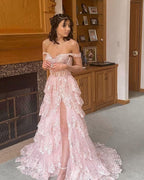 Pretty A-Line Off The Shoulder Pink Lace Slit Long Classy Prom Dress Classy Evening Dress