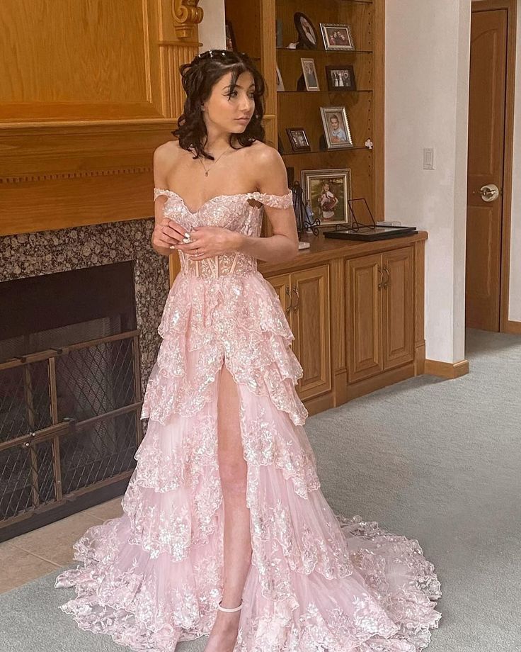 Pretty A-Line Off The Shoulder Pink Lace Slit Long Classy Prom Dress Classy Evening Dress