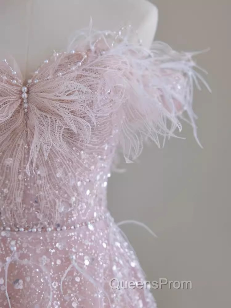 Pretty A Line Off The Shoulder Pink Sequin Long Evening Party Dress Evening Prom Dress