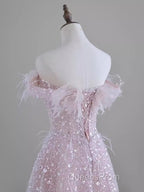 Pretty A Line Off The Shoulder Pink Sequin Long Evening Party Dress Evening Prom Dress