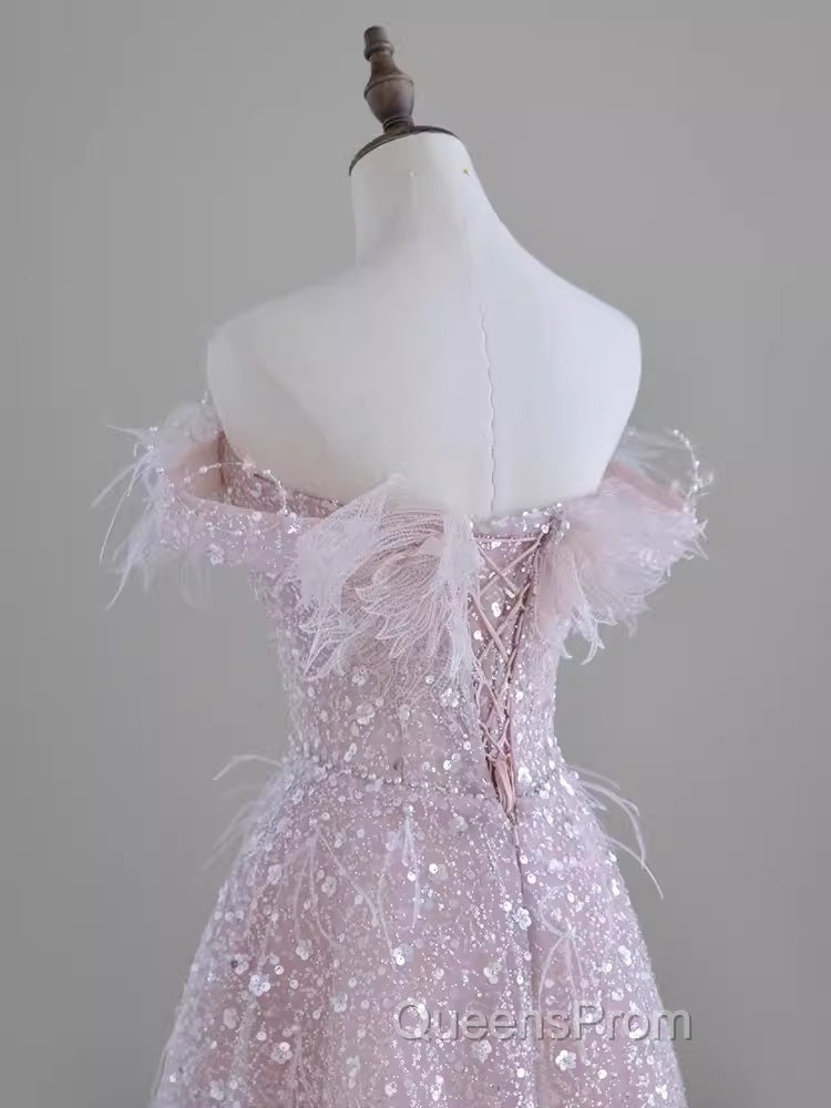 Pretty A Line Off The Shoulder Pink Sequin Long Evening Party Dress Evening Prom Dress