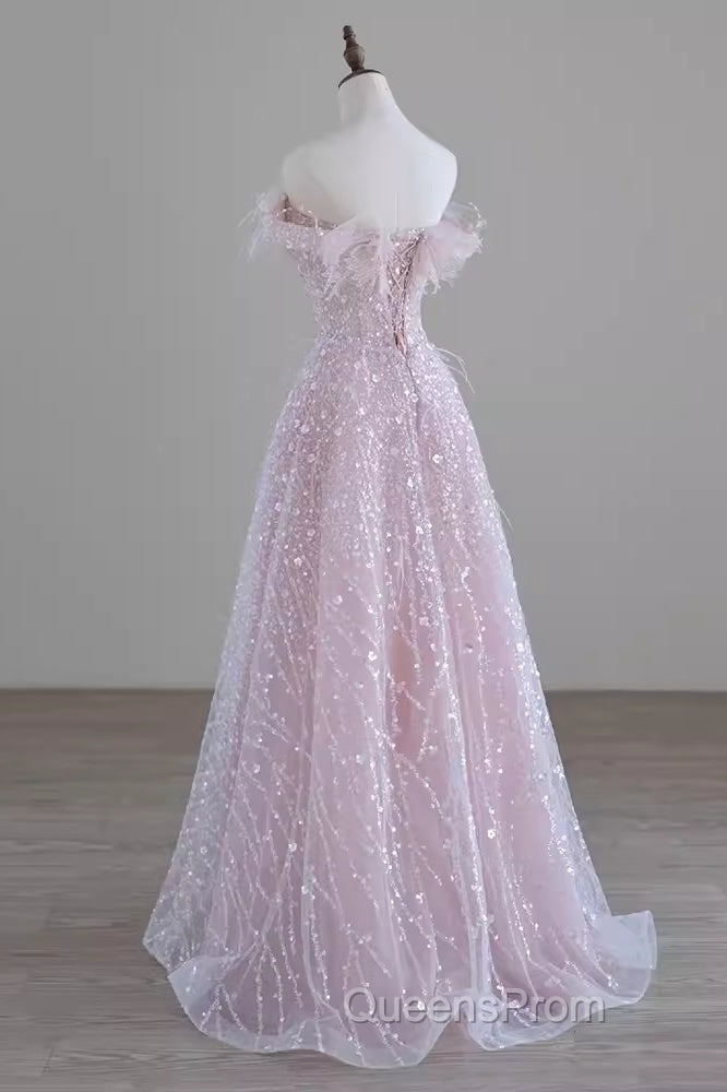 Pretty A Line Off The Shoulder Pink Sequin Long Evening Party Dress Evening Prom Dress
