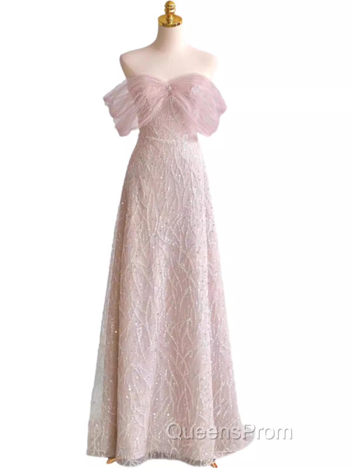 Pretty A Line Off The Shoulder Pink Sequin Long Evening Party Dress Evening Prom Dress With Beads Secondary image