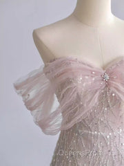 Pretty A Line Off The Shoulder Pink Sequin Long Evening Party Dress Evening Prom Dress With Beads