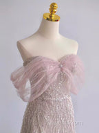 Pretty A Line Off The Shoulder Pink Sequin Long Evening Party Dress Evening Prom Dress With Beads