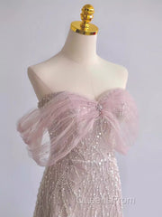 Pretty A Line Off The Shoulder Pink Sequin Long Evening Party Dress Evening Prom Dress With Beads